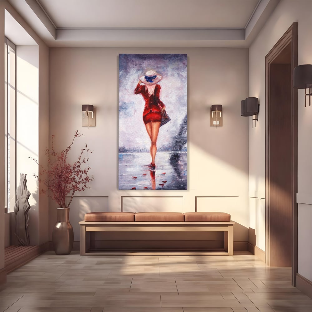 Tablou canvas cu pictura cu femeie in rochie rosie, fara rama, pe sasiu de lemn